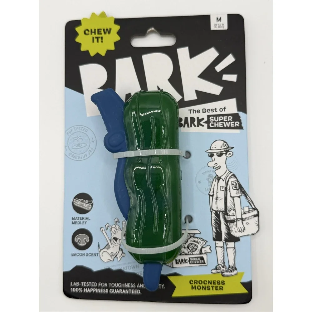 BARK Crocness Monster Dog Toy M Squeaky Bacon Scent Super Chewer Green Blue